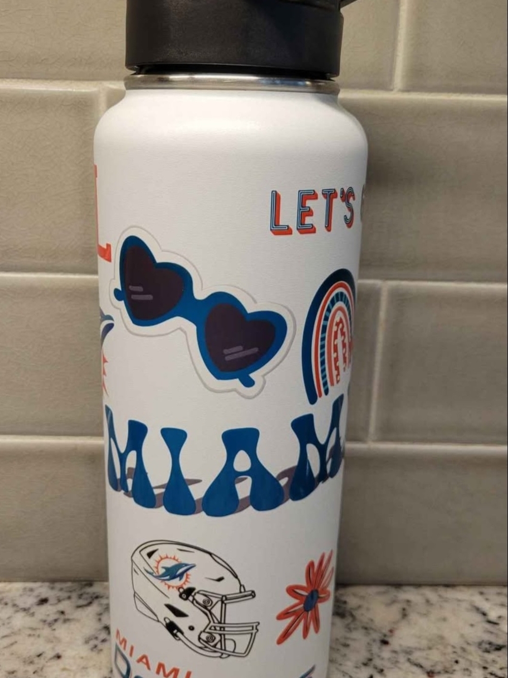 Miami Dolphins White Insulated Water Bottle - Team Logo Design 34oz